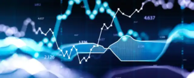 A financial chart drawn in blue over a dark background.